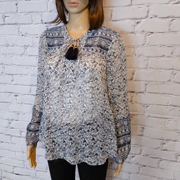 CUPIO, Boho navy blue and white print long sleeve blouse with front tie - Picture 4 of 8